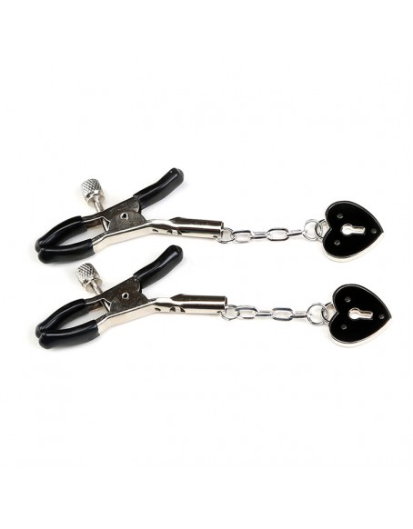 Mini Beginner Nipple Clamps with Black Lacquered Hearts, Female Sexual Bdsm Clips on Nipples, Metal Nippe Clamps, Light Weight, Each Clamp is Fully Adjustable