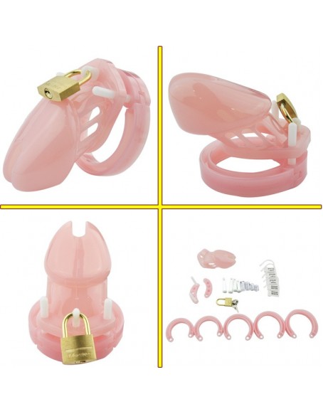 3d Printer Chastity Cage with 5 Size Rings, Pink, Brass Lock Locking