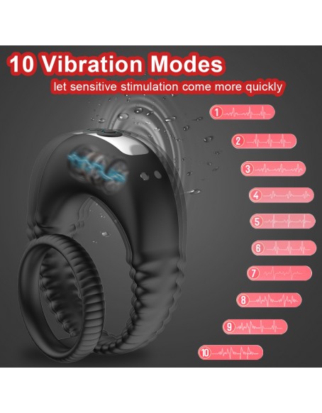 Cock Ring Vibrator Black Dick Rings for Men Couples Pleasure, Silicone Waterproof 2 in 1 Cock Ring Vibration Machine with Adjustable 10 Vibrations, Longer, Harder, Stronger, Increase Endurance