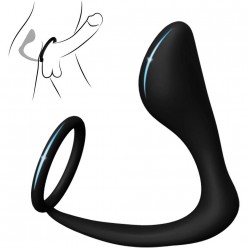Prostate Massager with Penis Ring, Black Silicone Prostate Milker Toy with Milking Bead, Male Prostate Toys for Hands Free Play, Ring Width 2 Inches, Plug Width 1.2 Inches