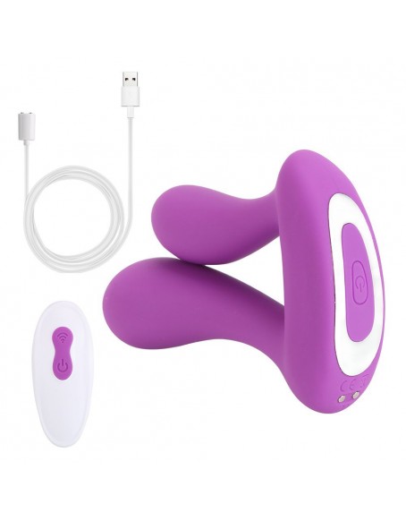 Powerful Double Penetration Vibrator with Two Naturally Contoured Shafts Angled, Real Feel Life Vibrating Dual Entry Vibrator, 9 Speed Dp Vibrator, Purple, Ergonomic Handle Grip, Remote Control 25 Feet