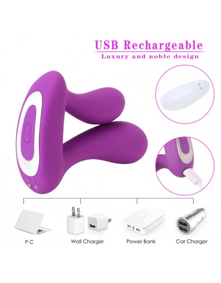 Powerful Double Penetration Vibrator with Two Naturally Contoured Shafts Angled, Real Feel Life Vibrating Dual Entry Vibrator, 9 Speed Dp Vibrator, Purple, Ergonomic Handle Grip, Remote Control 25 Feet