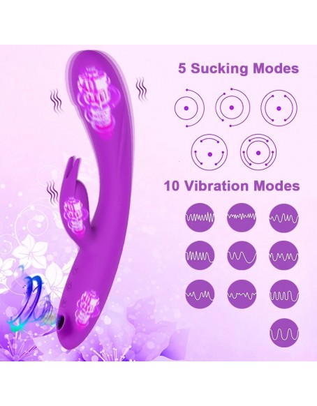 Purple 3 in 1 G Spot Vibrator 10 Speeds and 5 Sucking Modes Dildo Vaginal Clitoral Massager Waterproof Sex Rabbit for Women