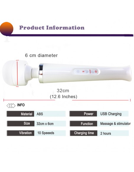 Big Strongest White Wand Vibration Massager for Women and Men, Waterproof Silicone 10 Magic Vibration Modes, Therapeutic Powerful and Hand Held Usb Rechargeable